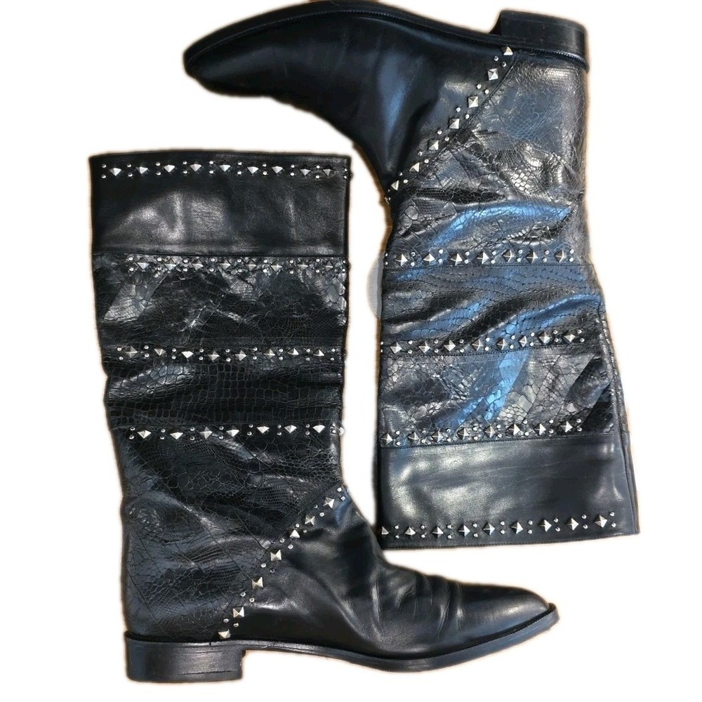 Stuart Weitzman Boots Size 9 Vintage 80's Studded Black Leather Exotic Spain
